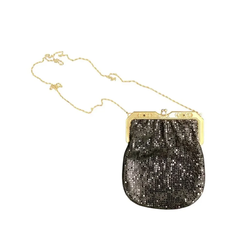 Vintage Whiting & Davis Purse Gold Hardware/ Chain Shiny Black Beautiful!